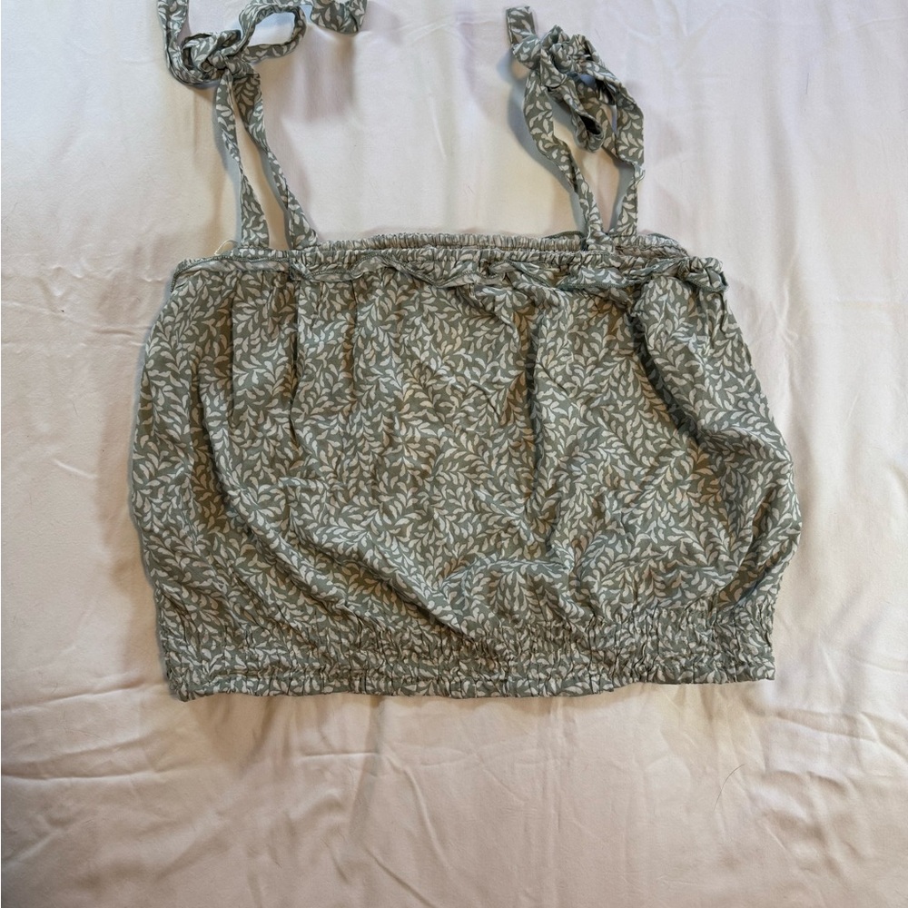 Sage Green Floral Smocked Crop Top with Tie Straps
